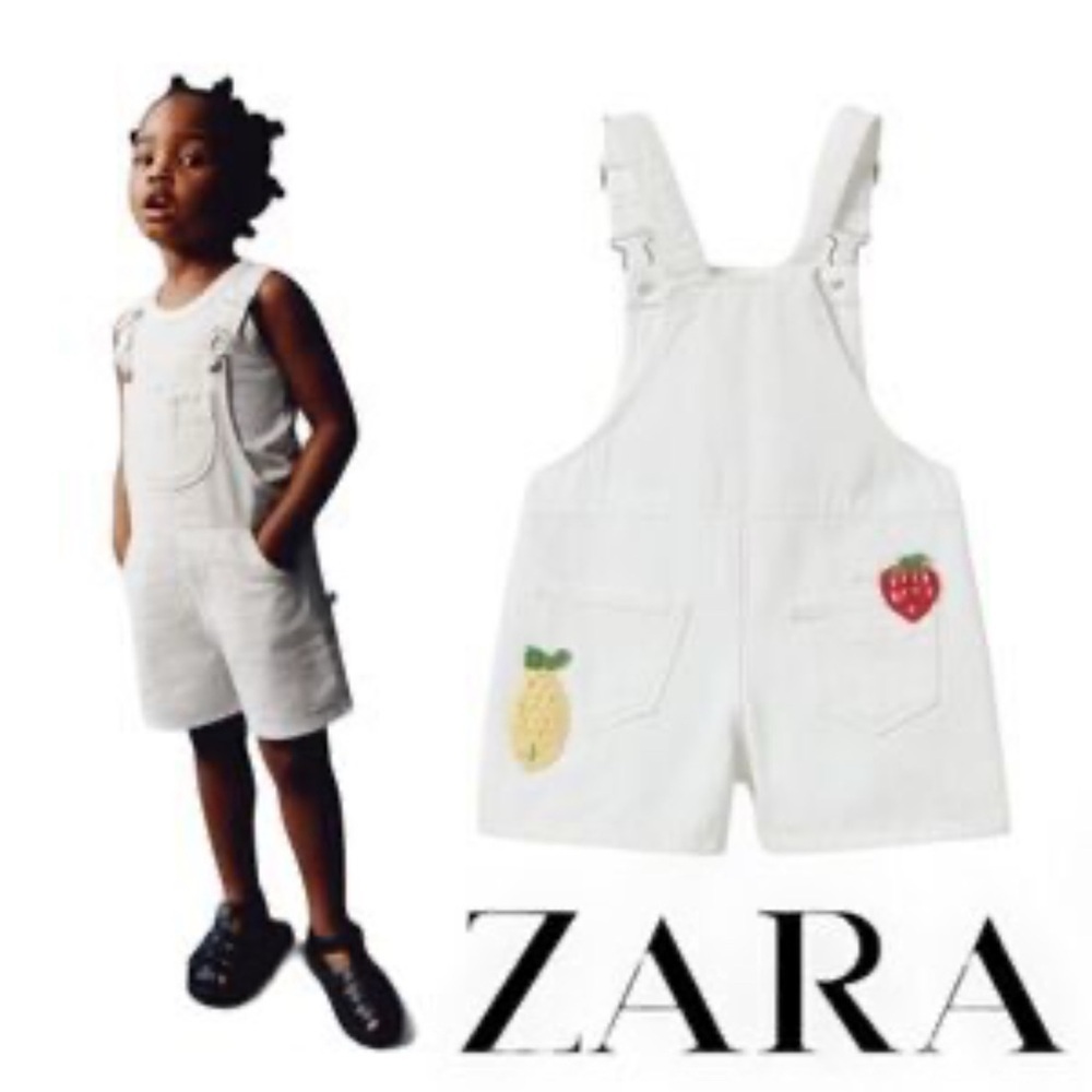 Zara Kids Toddler White Denim Overalls with Fruit Embroidery Size 2-3 years Girl